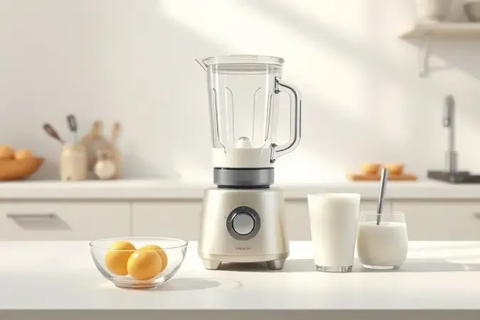 Liquidificador moderno com ingredientes para pudim em composição 3D minimalista.