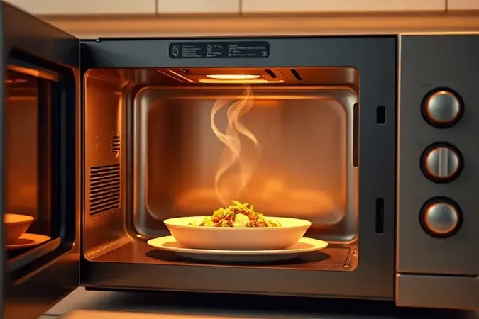 Interior de micro-ondas com prato de cerâmica e comida fresca sendo aquecida com vapor delicado subindo.