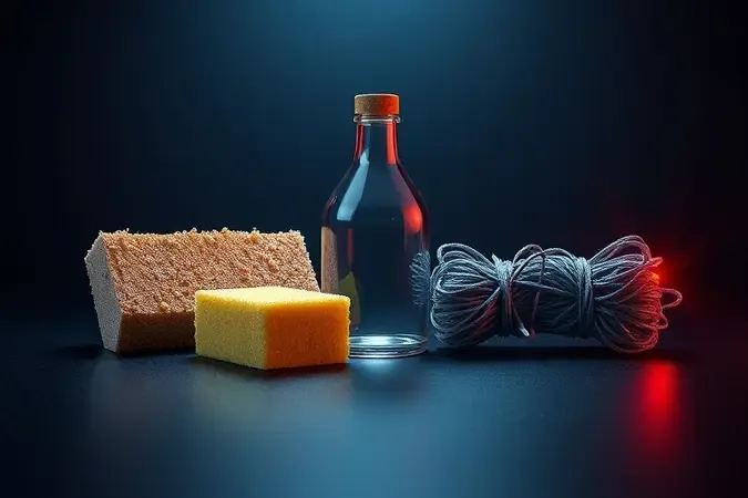 Representação conceitual de produtos proibidos na limpeza do micro-ondas como esponja abrasiva, alvejante e palha de aço em cena 3D.