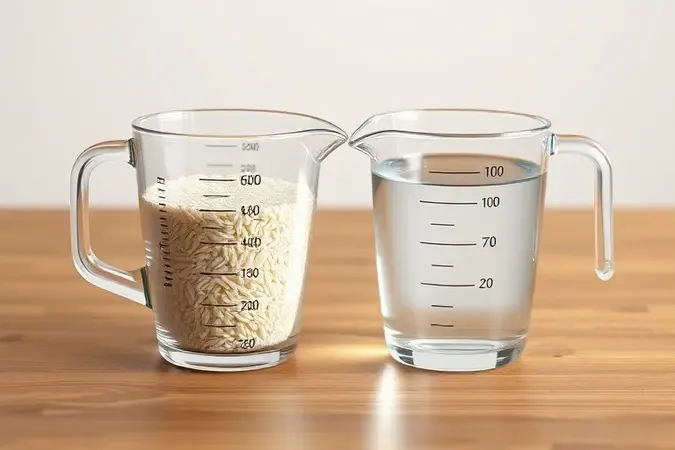 Medidores transparentes com arroz cru e água lado a lado mostrando proporção ideal para cozimento perfeito.