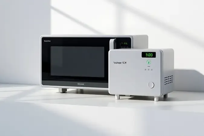 Micro-ondas conectado a estabilizador de voltagem em composição minimalista representando proteção elétrica em renderização 3D