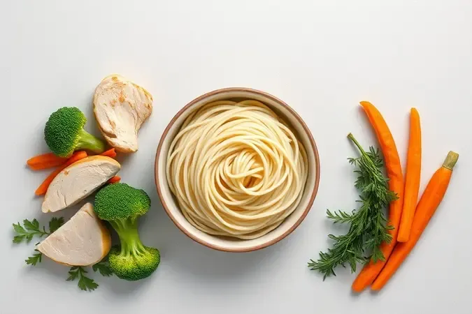 Tigela de miojo rodeada por ingredientes frescos como frango, brócolis e cenoura prontos para adicionar.