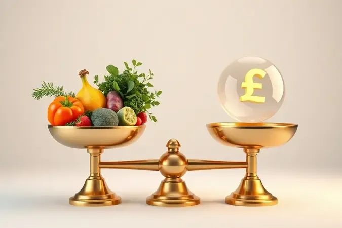 Renderização 3D conceitual de balança equilibrando alimentos frescos e nutritivos com o custo de energia dos eletrodomésticos.