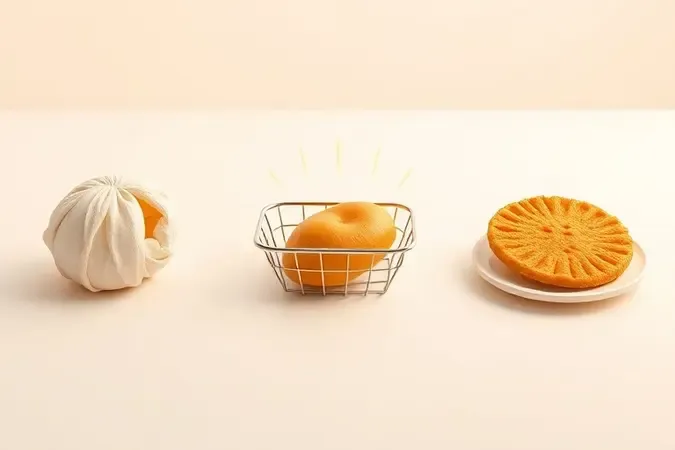Sequência visual em 3D do processo de reaquecimento de alimentos mantendo a crocância, do estágio murcho ao crocante.