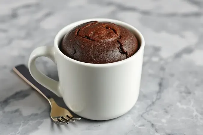 Close de bolo de chocolate na caneca com textura fofa e garfo ao lado sobre superfície de mármore claro.