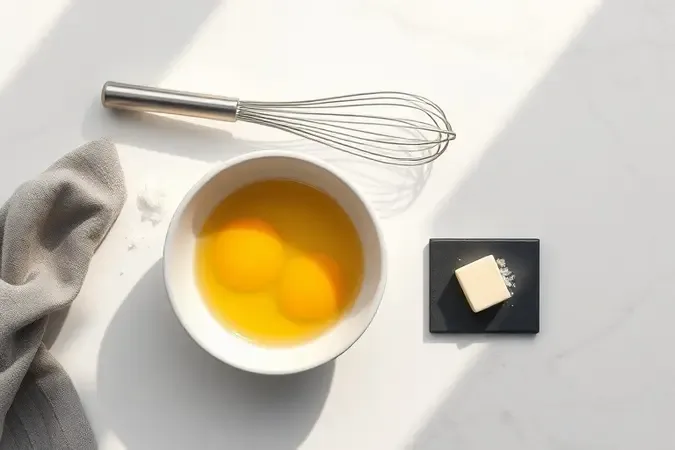 Preparação de ovo mexido com ingredientes organizados sobre bancada de mármore clara em estilo top-down.