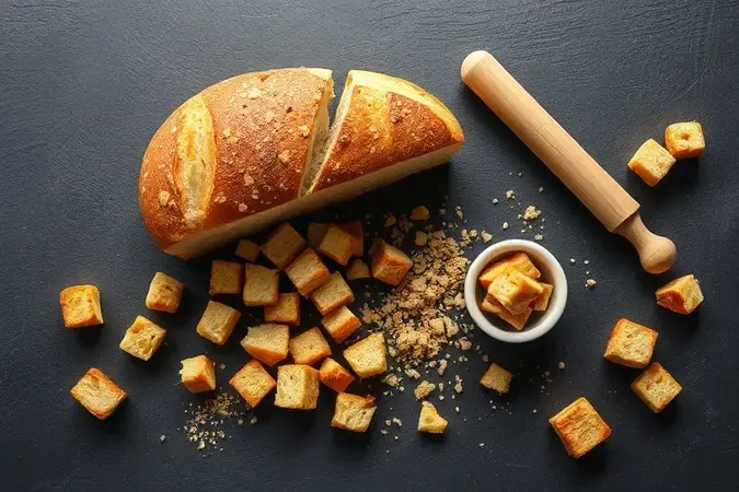 Render 3D mostrando transformação criativa de pão amanhecido em croutons, farinha de rosca e cubos para pudim, com utensílios culinários.