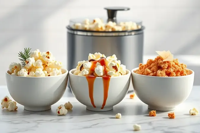 Três tigelas com variedades de pipoca gourmet salgada, doce e apimentada em superfície de mármore.