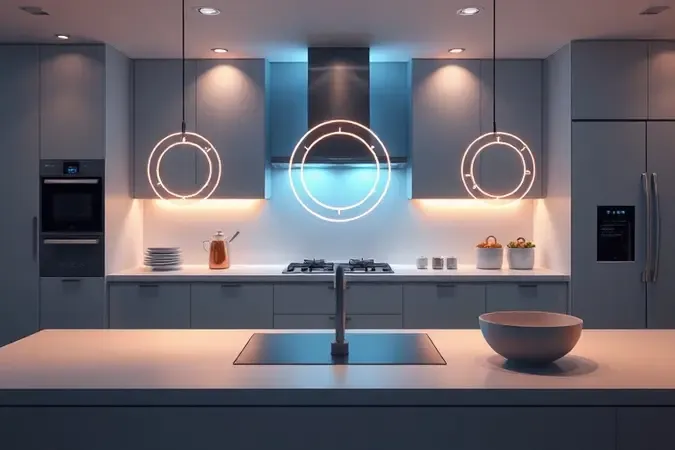 Visualização abstrata de modos de cozimento programáveis e níveis de potência em cozinha moderna