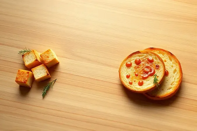 Renderização 3D conceitual de croutons dourados, pudim de pão e torradas, representando ideias de receitas para aproveitar sobras de pão.