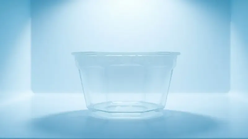 Recipiente de vidro com cristais de gelo e condensação representando armazenamento seguro no freezer em renderização 3D conceitual.