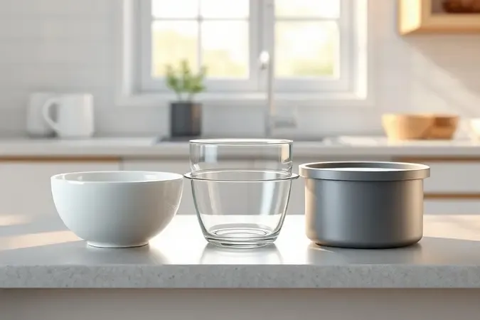 Diferentes recipientes seguros para micro-ondas como tigela de cerâmica e vidro em bancada de cozinha moderna.