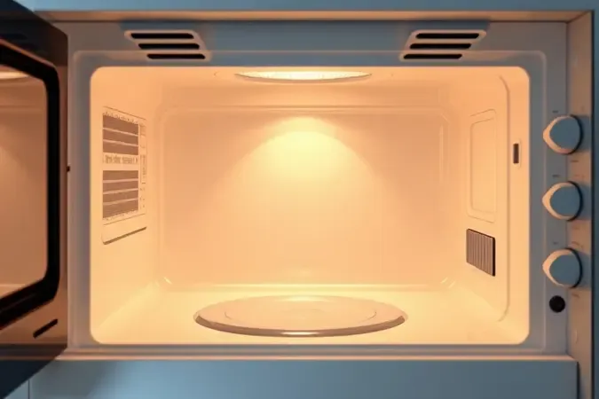 Interior de micro-ondas com revestimento restaurado seguro para contato com alimentos e proteção contra radiação.