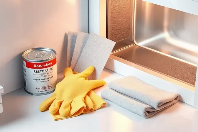 Materiais para reforma de micro-ondas enferrujado: lixa, tinta atóxica, luvas e pano de microfibra sobre bancada limpa.