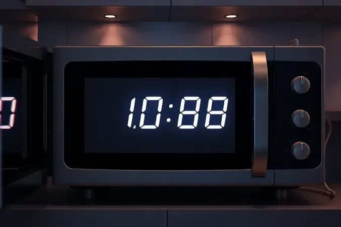Display digital de micro-ondas piscando após queda de energia elétrica com efeitos abstratos de interrupção