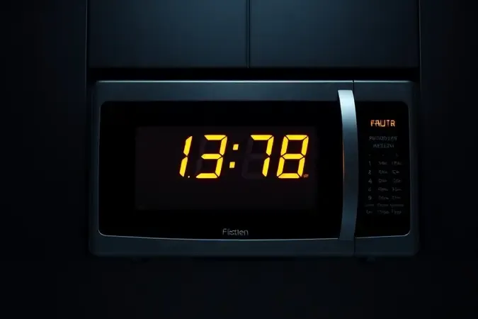 Display de micro-ondas com relógio piscando persistentemente em ambiente de cozinha com pouca luz