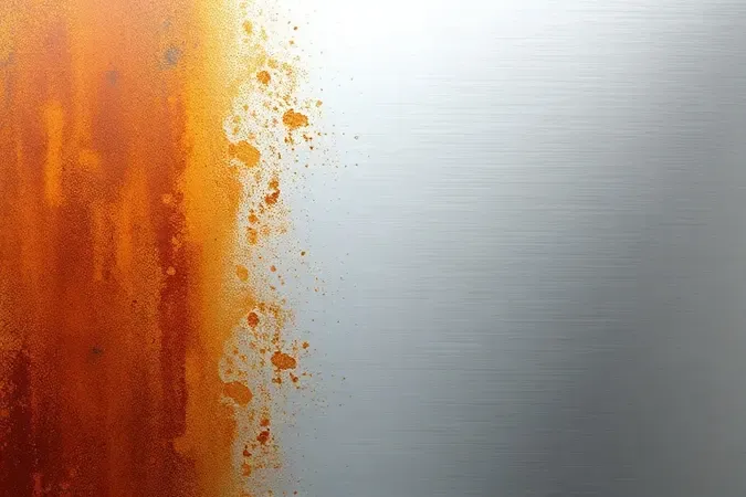 Transição de superfície metálica enferrujada para limpa, ilustrando o processo de remoção de ferrugem do micro-ondas.