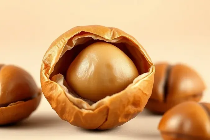 Render 3D em close-up de castanha com a pele interna fina se desprendendo do miolo dourado e aveludado.