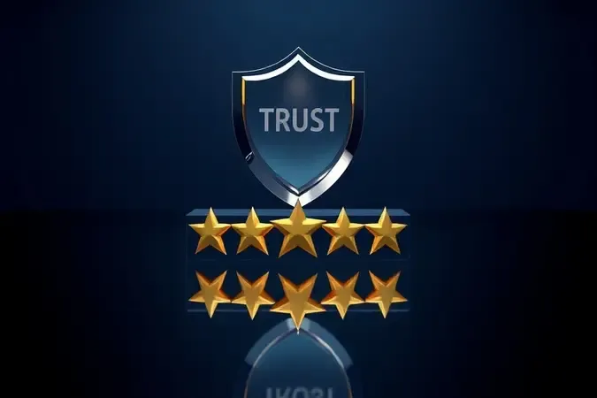 Emblema de escudo translúcido e grupo de cinco estrelas flutuando sobre superfície escura reflexiva em renderização 3D.