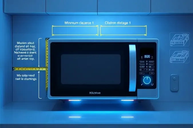 Visualização técnica das distâncias mínimas de ventilação para instalação de micro-ondas, incluindo laterais, fundo e topo.