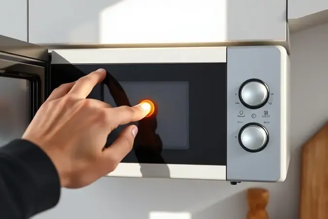 Mão pressionando botão de reset no painel de controle de um micro-ondas moderno, demonstrando o procedimento de reinicialização.