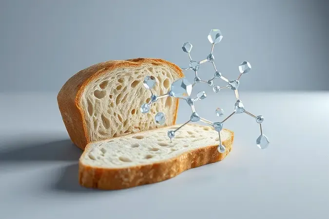 Render 3D conceitual ilustrando o processo de retrogradação do amido, com estruturas moleculares abstratas emergindo de uma fatia de pão rústico.