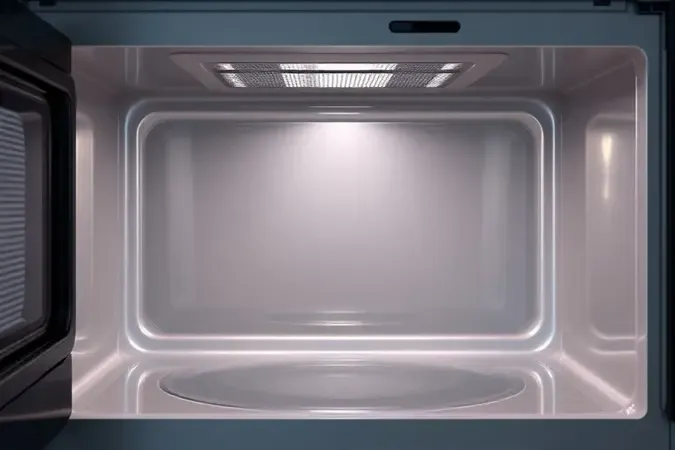 Interior de micro-ondas com revestimento limpa fácil e superfície lisa antiaderente que facilita a remoção de sujeira e resíduos.