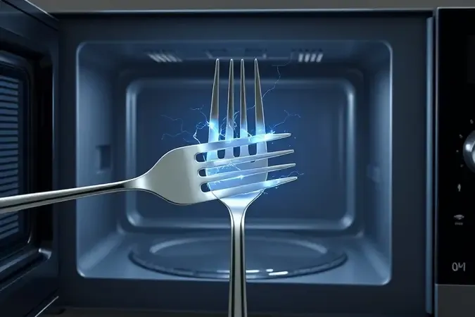 Render 3D conceitual de garfo metálico dentro de micro-ondas com pequenas faíscas azuis, ilustrando risco de incêndio.