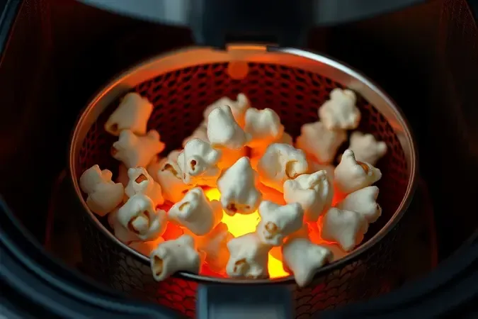 Grãos de milho próximos à resistência elétrica de uma airfryer ilustrando risco de danos ao aparelho.