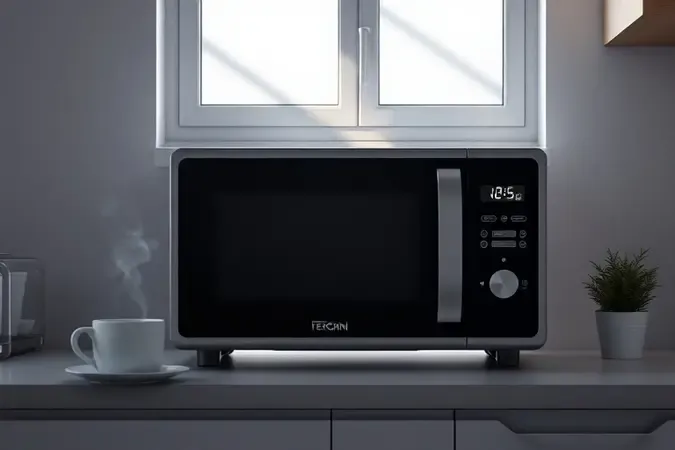 Cena conceitual de cozinha com micro-ondas apresentando sinais sutis de mau funcionamento e atmosfera investigativa.