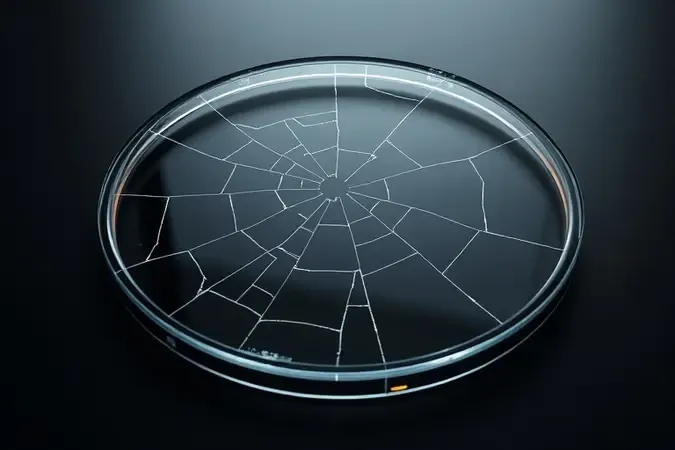 Renderização 3D de prato de micro-ondas de vidro trincado, ilustrando os riscos de usar peças incompatíveis ou inadequadas no eletrodoméstico.