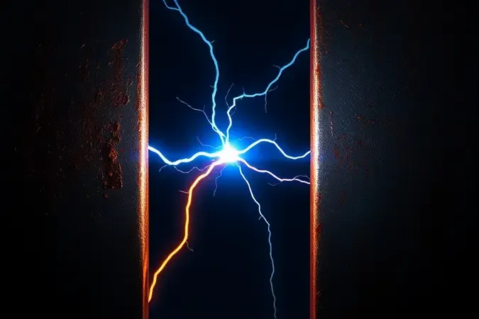 Faísca elétrica entre superfícies metálicas com ferrugem, representando riscos de segurança do micro-ondas enferrujado.