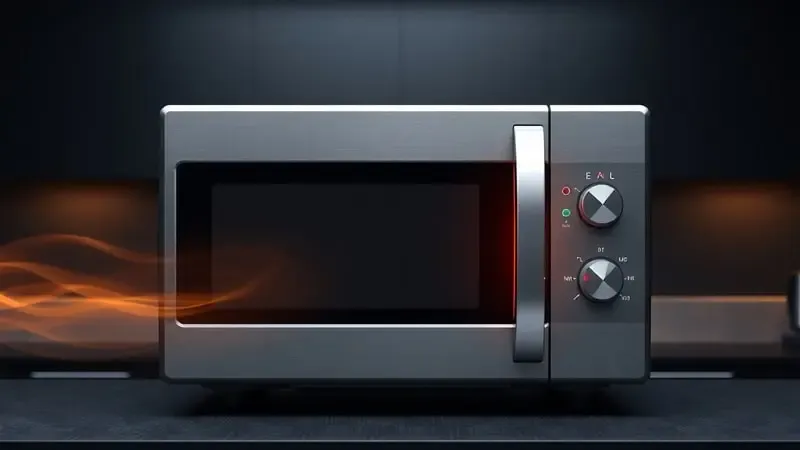 Renderização conceitual de micro-ondas com porta entreaberta e indicador de alerta luminoso mostrando risco de vazamento de radiação.