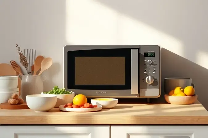 Cena conceitual 3D de cozinha organizada com micro-ondas moderno e ingredientes sob luz natural suave.