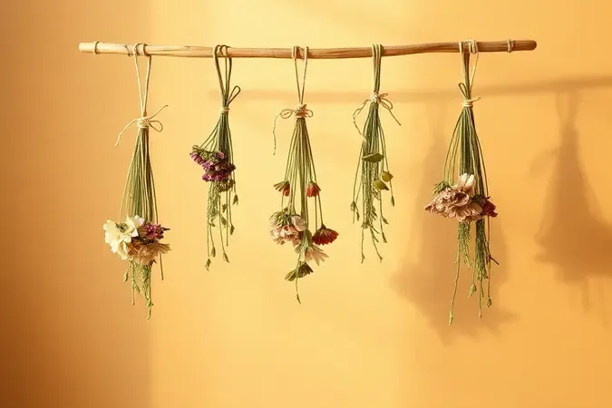 Método tradicional de secagem ao ar livre com ramos de flores pendurados de cabeça para baixo