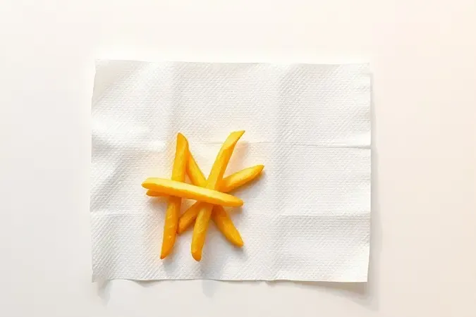 Renderização 3D conceitual de batatas fritas crocantes sobre papel toalha absorvendo excesso de óleo, truque essencial para manter textura perfeita.