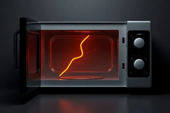 Cena conceitual abstrata representando o perigo da alta voltagem em micro-ondas com formas geométricas estilizadas e iluminação âmbar de advertência.