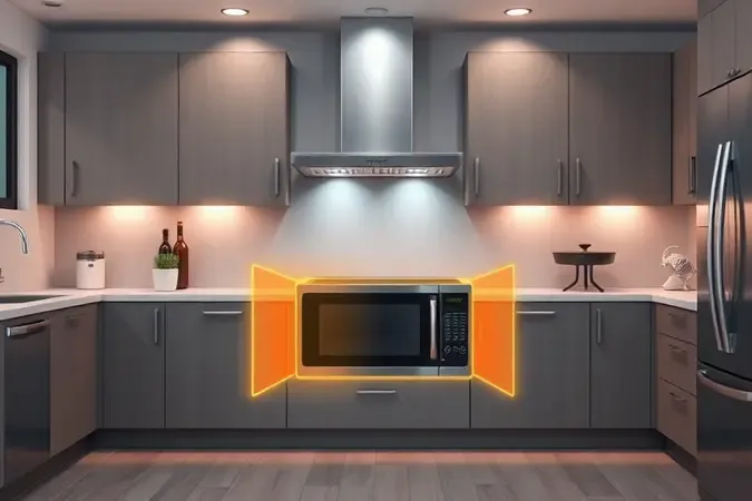 Ilustração conceitual mostrando a importância da ventilação e posicionamento correto do micro-ondas para segurança e economia de energia.
