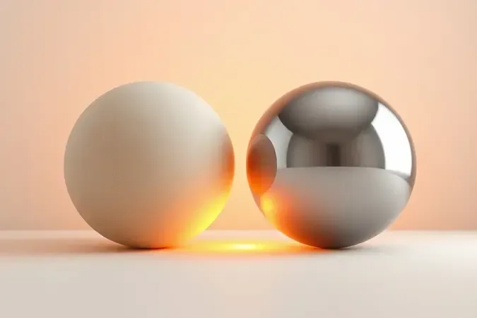 Render 3D conceitual contrastando materiais seguros e perigosos para uso em micro-ondas, com esfera de cerâmica e esfera metálica com faíscas.