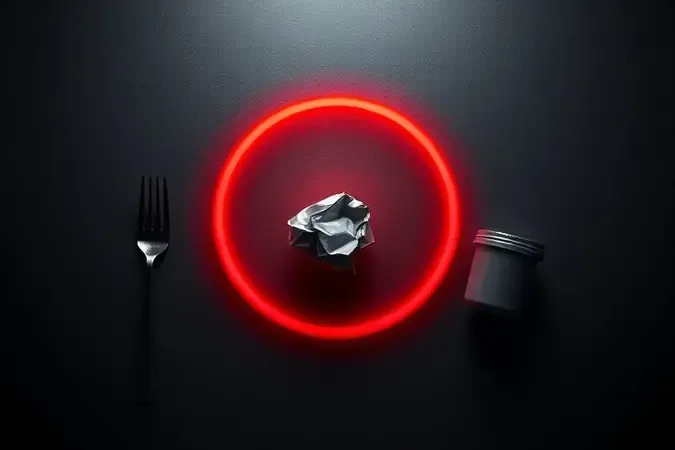 Render 3D conceitual com brilho de alerta vermelho e silhuetas de itens proibidos no micro-ondas como metal e plástico.