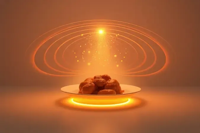 Render 3D conceitual de sensor inteligente de cozimento com ondas de detecção sobre prato perfeitamente preparado