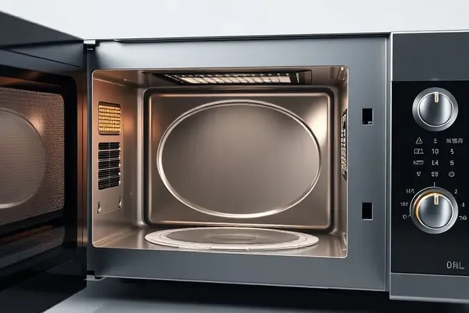 Mecanismo interno de sensor de porta e microchave de micro-ondas em corte conceitual com renderização 3D técnica.