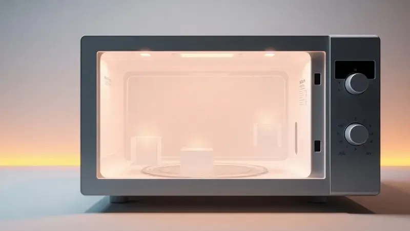 Renderização 3D conceitual de micro-ondas translúcido com indicadores de volume cúbico e blocos geométricos representando capacidades de 20, 30 e 40 litros.