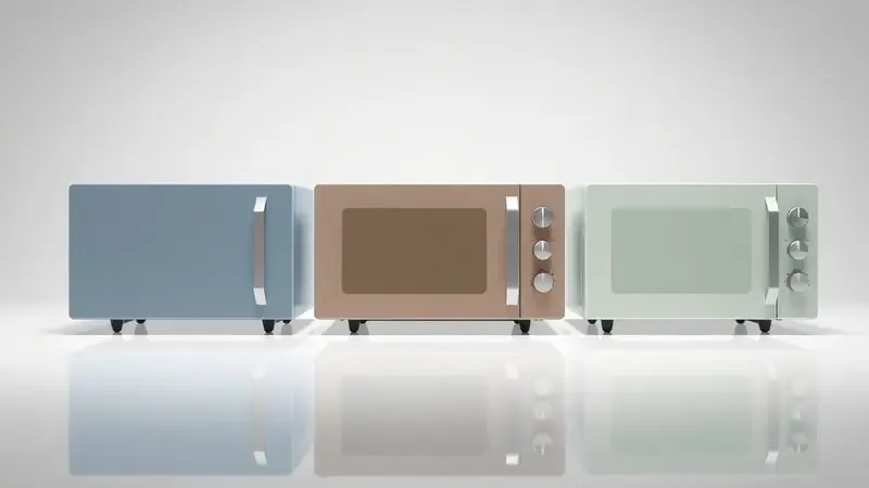 Três silhuetas minimalistas de micro-ondas lado a lado em superfície reflexiva para comparação visual elegante