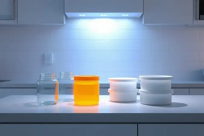 Dois grupos de recipientes sob iluminação contrastante azul e âmbar, representando a diferenciação entre materiais seguros e inseguros para micro-ondas.
