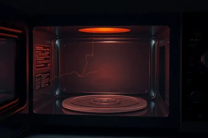 Interior de micro-ondas com indicadores visuais sutis de mau funcionamento como faísca estilizada.