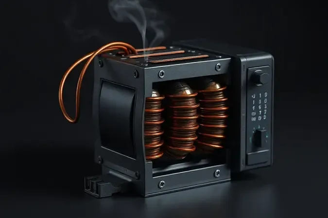 Renderização 3D de transformador de microondas com sinais de defeito e desgaste nos enrolamentos