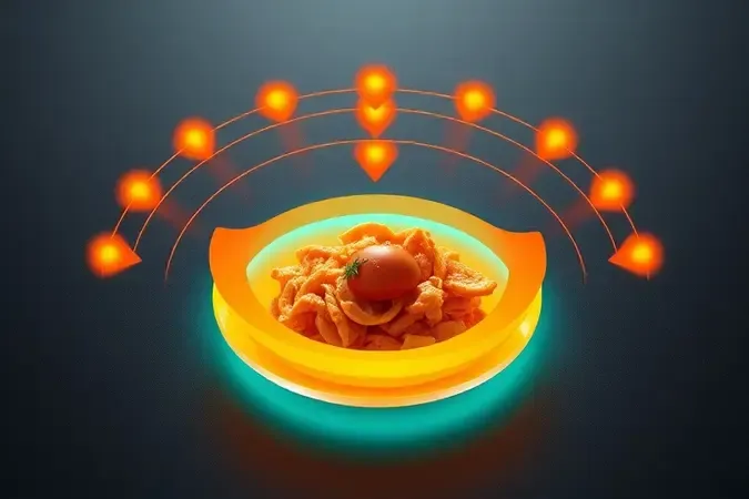 Render 3D conceitual de sistema de aquecimento tridimensional com ondas térmicas uniformes ao redor de um prato