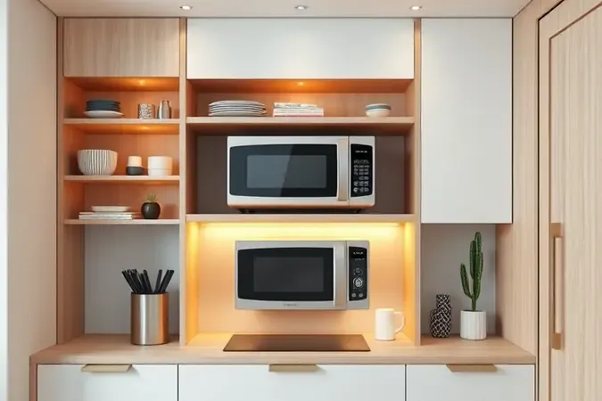 Soluções criativas de posicionamento de micro-ondas em cozinhas compactas com nichos multifuncionais e design inteligente