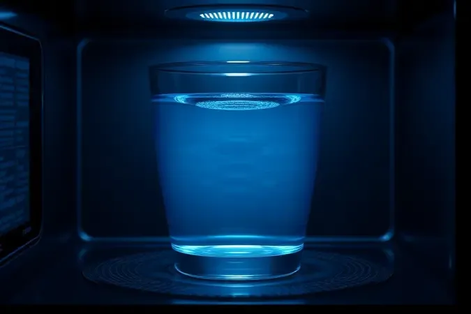 Cena conceitual 3D ilustrando o fenômeno do superaquecimento da água dentro de um micro-ondas, com a superfície do líquido em tensão antes da ebulição súbita.